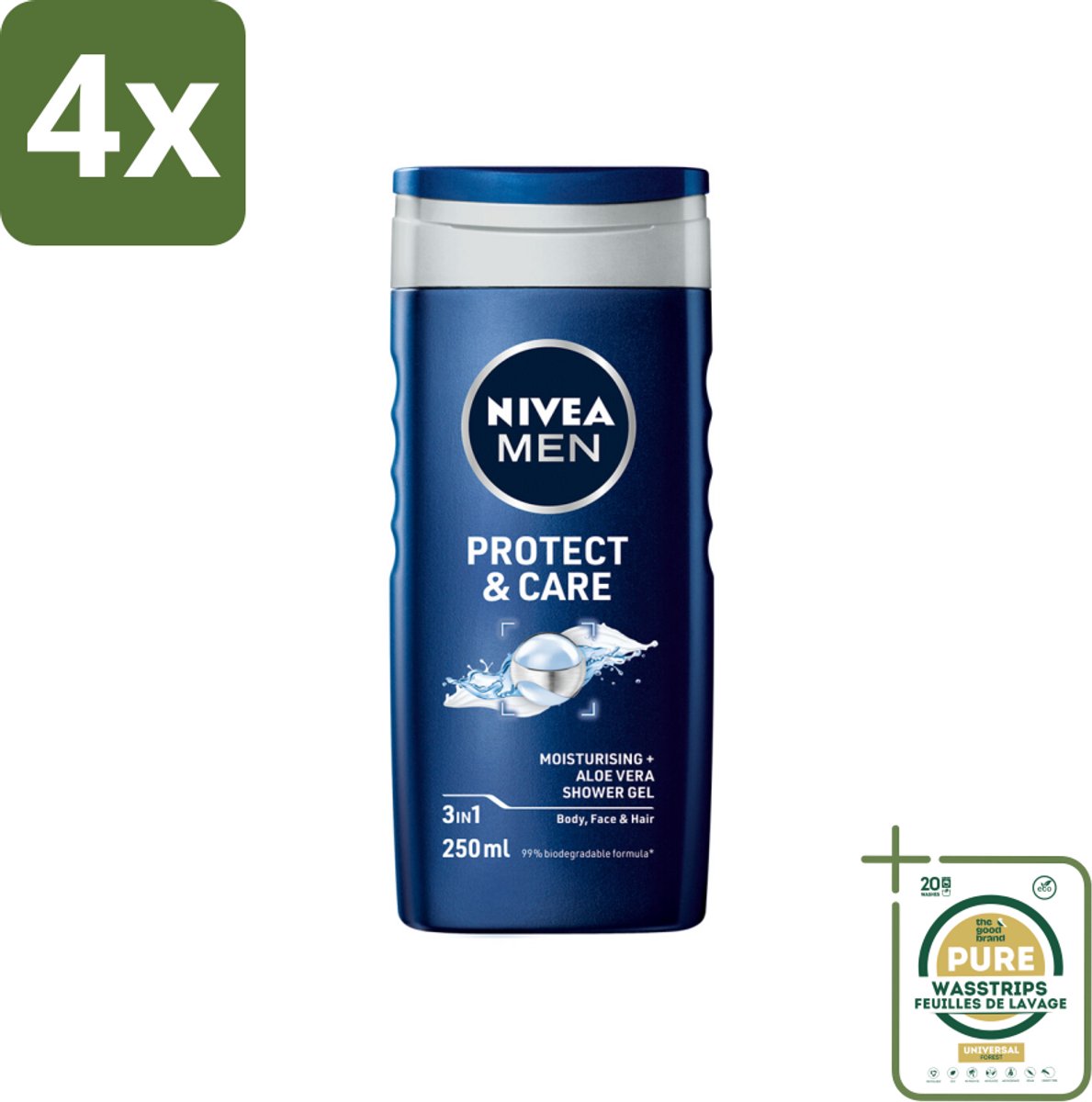 NIVEA Men Douchegel Protect & Care 250 ml - Voordeelverpakking - 4 stuks - Mannen - Aloë vera