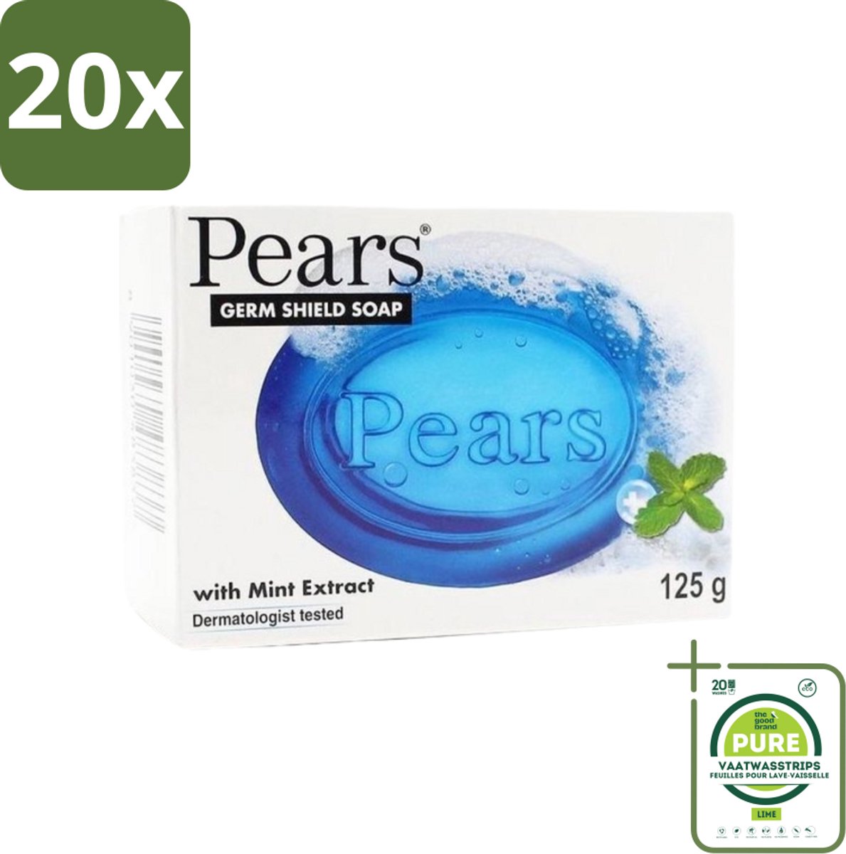 20 x Pears - Zeep - Transparant - Mint - Zacht - 125 Gr - Grootverpakking - Zeep - Transparante Zeep - Milde Zeep - Gevoelige Huid - Reinigende Zeep