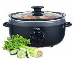 MOA Slowcooker 6,5L - Ø 31cm - Aluminium Binnenpan - BPA-vrij - Doorzichtige Deksel - 3 Warmtestanden - Vaatwasserbestendig - Zwart