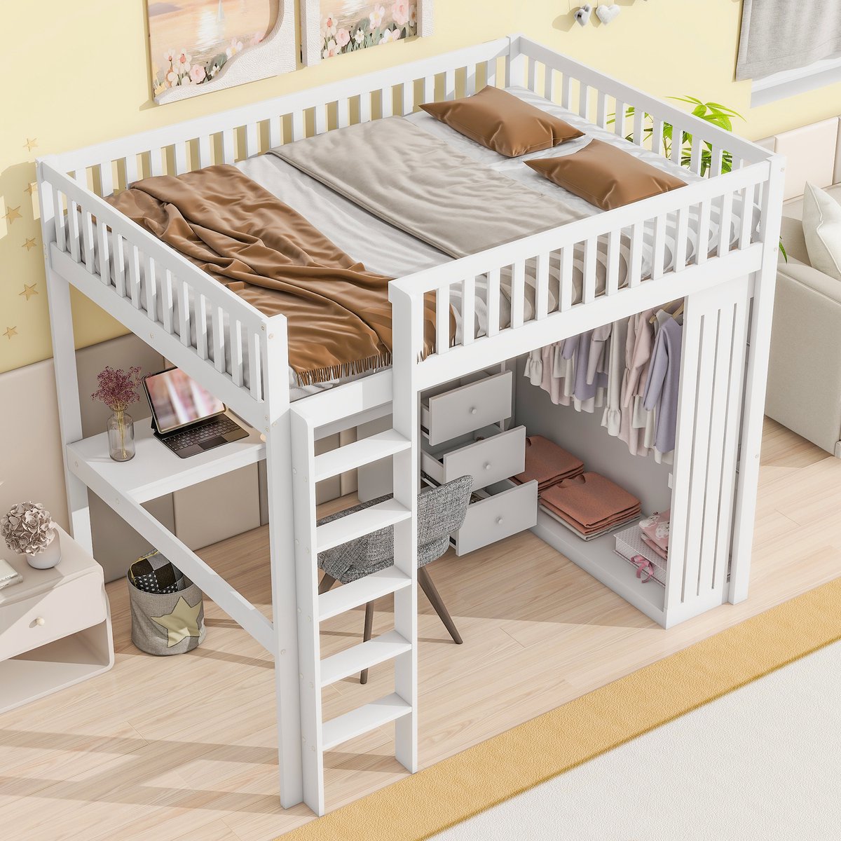 STILVORA Hoogslaper 140 x 200 cm – Kinderbed Met Ingebouwde Bureau Kleerkast En 3 Lades – Veel Open Opbergruimte Veilig Hek En Trap – Ideaal Voor Kinderkamer Tienerkamer En Studentenkamer – Hout – Wit – Zonder Matras