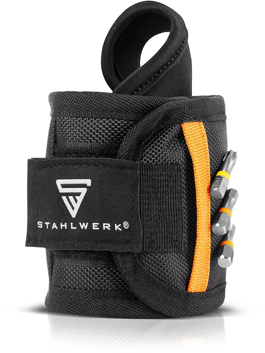 STAHLWERK Magnetische polsband voor doe-het-zelvers en vakmensen | Magnetische polsband met klittenbandsluiting voor bevestiging aan de pols of riem voor schroeven, spijkers, bits en kleine