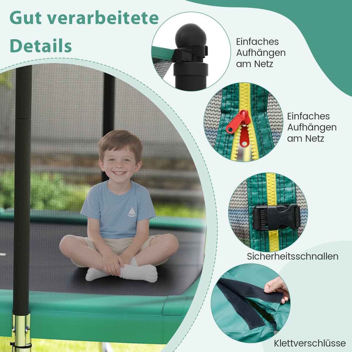 COSTWAY Trampoline voor buiten, rechthoekig, 3-in-1 kindertrampoline met ladder, basketbalkorf en voetbaldoel, tuintrampoline met veiligheidsnet en metalen frame, voor kinderen en volwassenen, groen — afbeelding 10