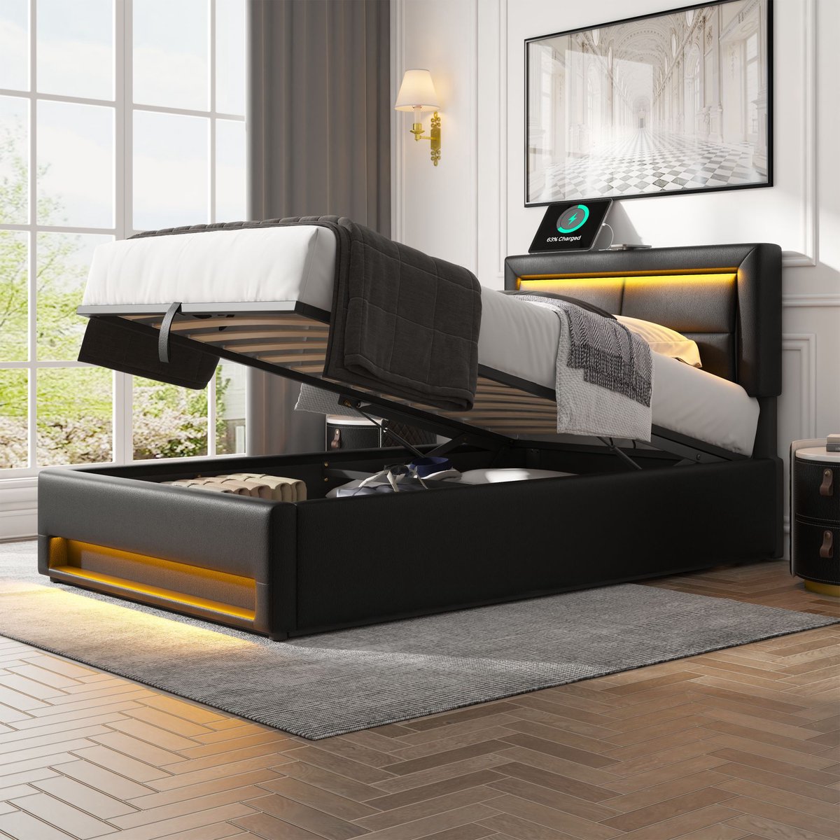 STILVORA Tweepersoonsbedden 90x200 cm - Gestoffeerd Bed Met Opbergruimte En Lattenbodem - PU - Zwart