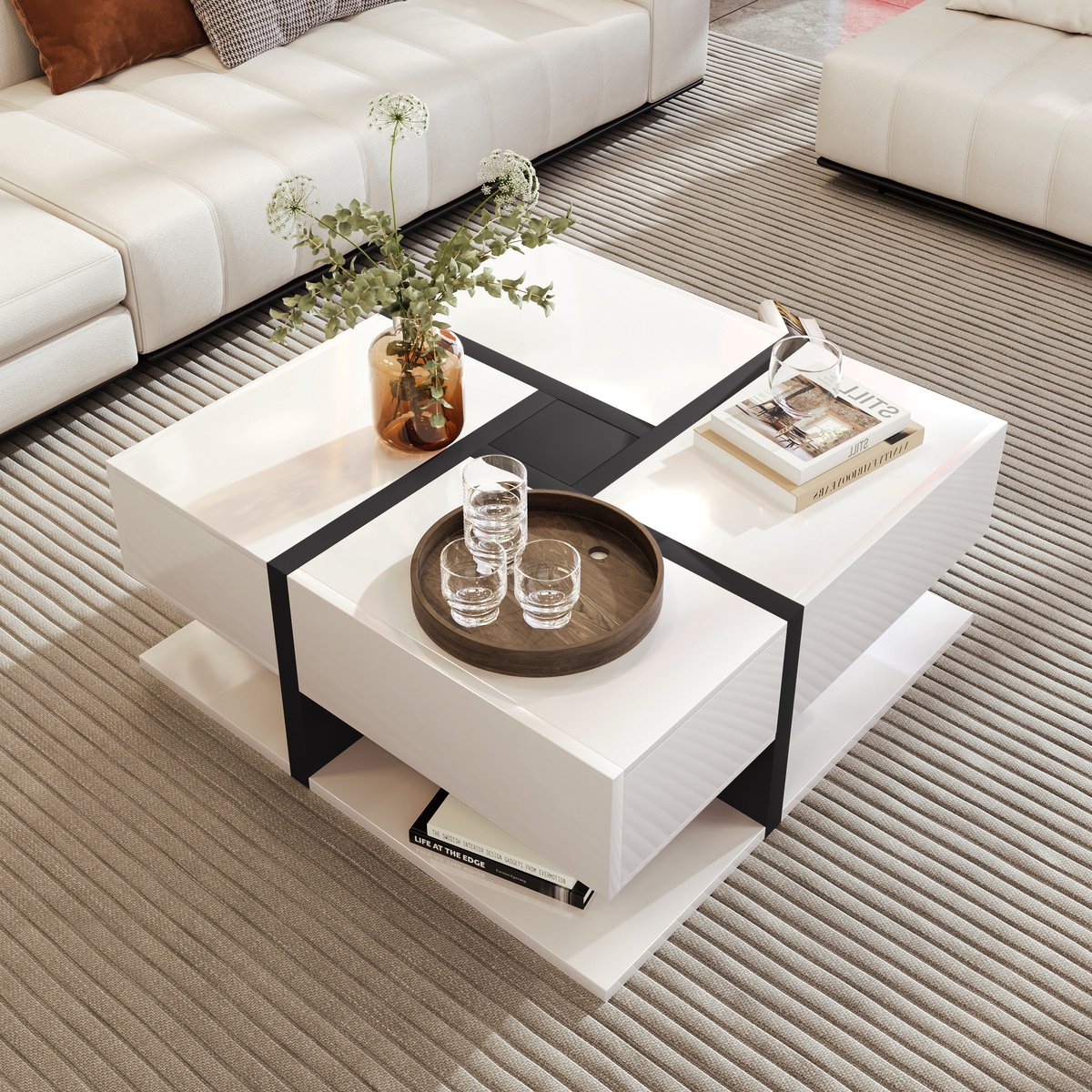 OKWISH Salontafels 78x78x36 cm - Salon Tafel Met Lade - Hoogglans Afwerking - Functioneel Design - Vierkant - Spaanplaat - Wit