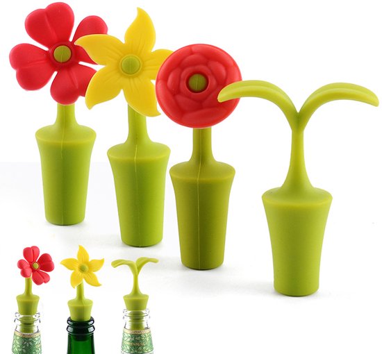 Vier groene flessendoppen: twee rode bloemen, een gele bloem en een groen plantje.