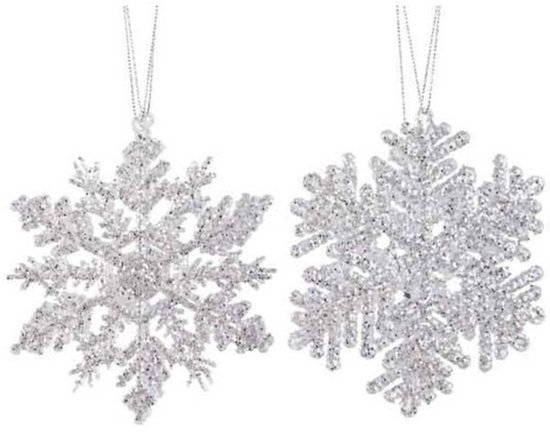 Twee zilveren kersthangers in de vorm van glitter sneeuwvlokken, elk 12 cm.