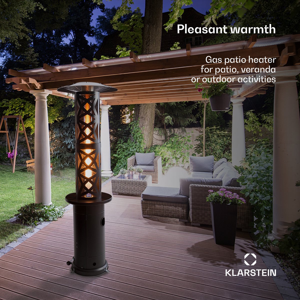 Blumfeldt terrasverwarmer, buitenverwarming voor tuin, terras en binnenplaats, hoge paddenstoelvormige terrasverwarming op gas met elektrische ontsteking, 360° zichtbare vlam, flexibele gasverwarming voor buiten met wieltjes – foto 4