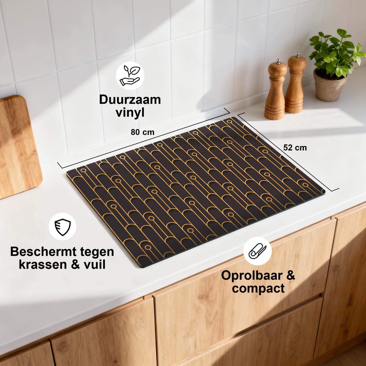 KitchenArt - Golden Arc – Inductie Beschermer - 77x52 cm - Kookplaat Beschermer - Luxe Afdekplaat Inductieplaat - Anti-slip & Oprolbaar - Beschermmat Inductiekookplaat