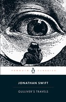 Boek kaft met illustratie van een gigantisch oog boven een klein figuurtje. Titel: Gulliver's Travels door Jonathan Swift.