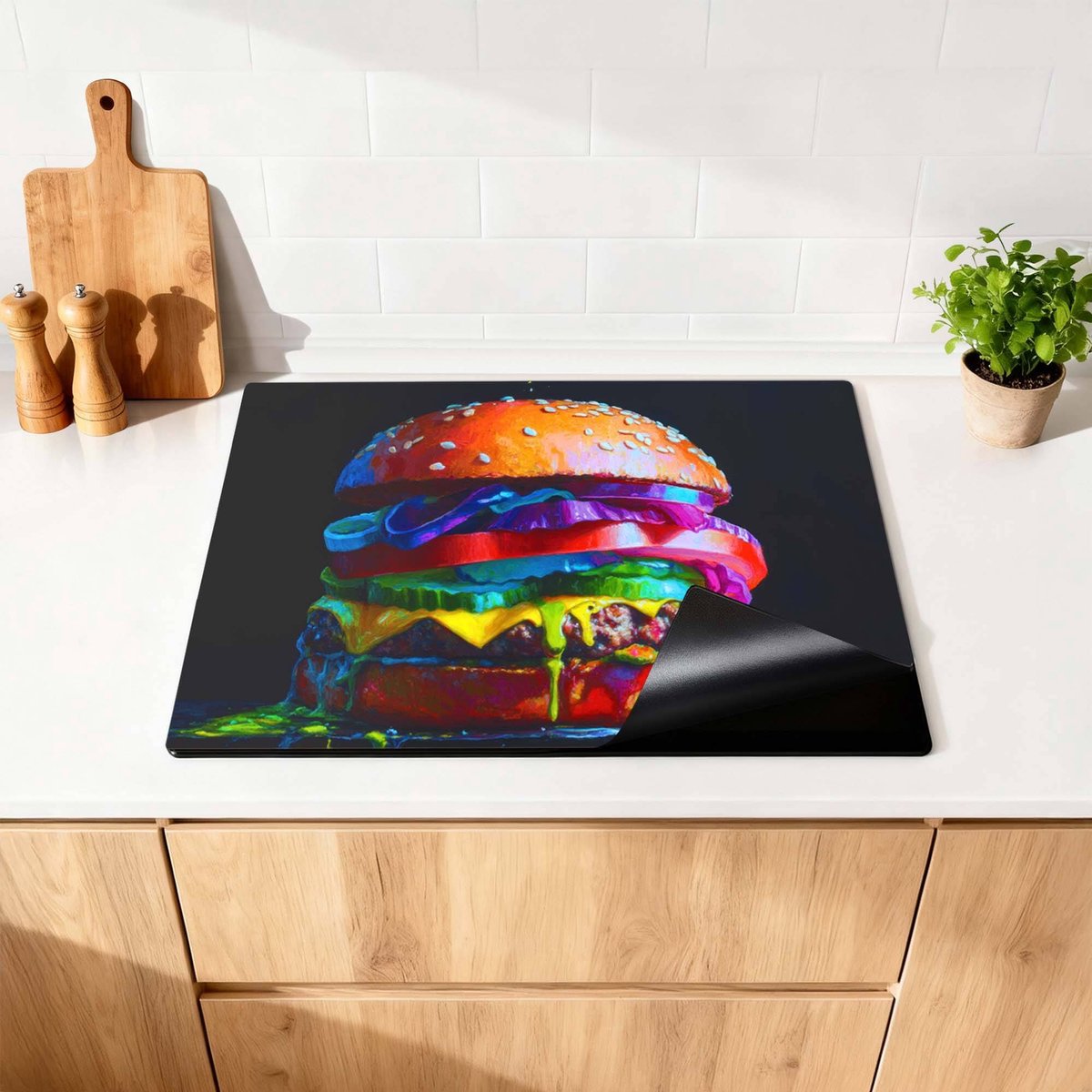 KitchenArt - Pop Art Burger - Inductie Beschermer - 77x51 cm - Kookplaat Beschermer - Luxe Afdekplaat Inductieplaat - Anti-slip & Oprolbaar - Beschermmat Inductiekookplaat