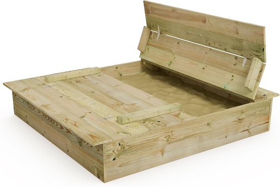 Wickey Flippey Zandbak van hout, 150 x 165 cm met klapdeksel en zitbank Wickey Flippey Zandbak van hout, 150 x 165 cm met klapdeksel en zitbank