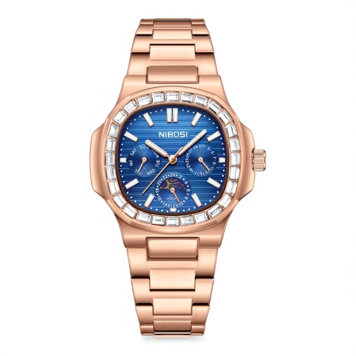Nibosi - Herenhorloge - Polshorloge - Heren - Horloge - Horlogedoos - Mannen - Rosé Blauw - Diamond - Chronograaf