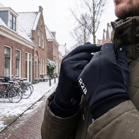 Man met zwarte R2B handschoenen in een besneeuwde straat, met huizen en fietsen op de achtergrond.