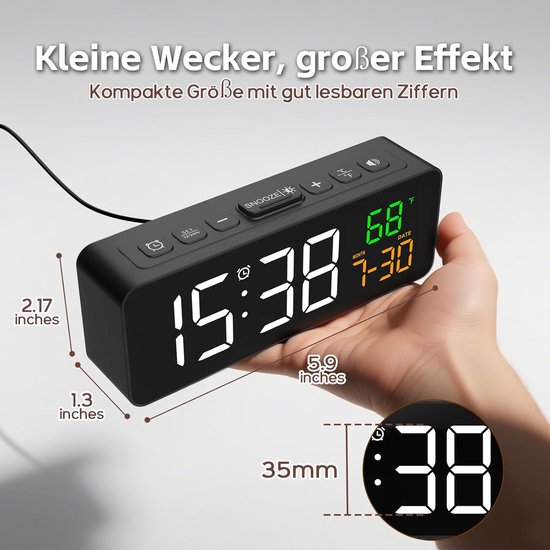 Lafocuse LED Digitale Wekker voor op Nachtkastje met 17 cm Groot Display, Sluimerfunctie, Type-C/Batterij Aangedreven, Verstelbare Helderheid, Datum, Temperatuur, Tafelklok voor Zwaar Slapers