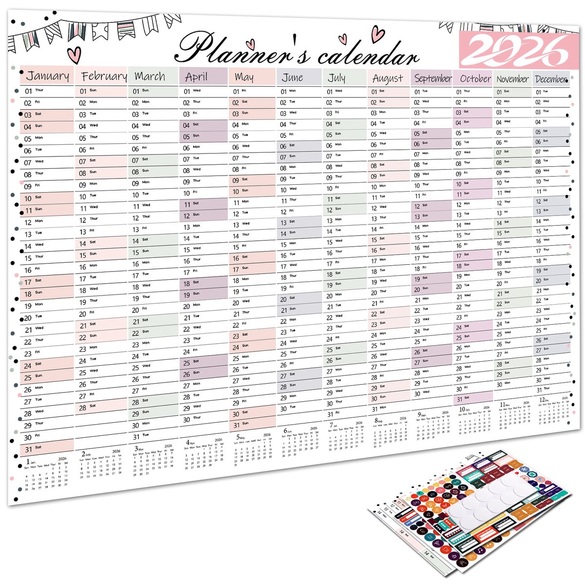 2026 Nieuwe jaarlijkse dagkalender Geschikt voor aan de muur, planner Geschikt voor 365 dagen, jaarlijkse hangplanner, weekplanner (12 maanden)