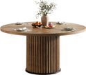 Ronde houten eettafel met geribbeld onderstel, gedekt voor vier personen.