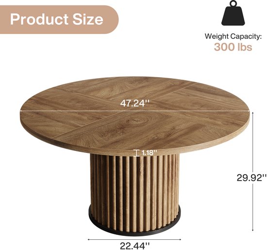 Ronde houten eettafel met afmetingen en details van het onderstel.