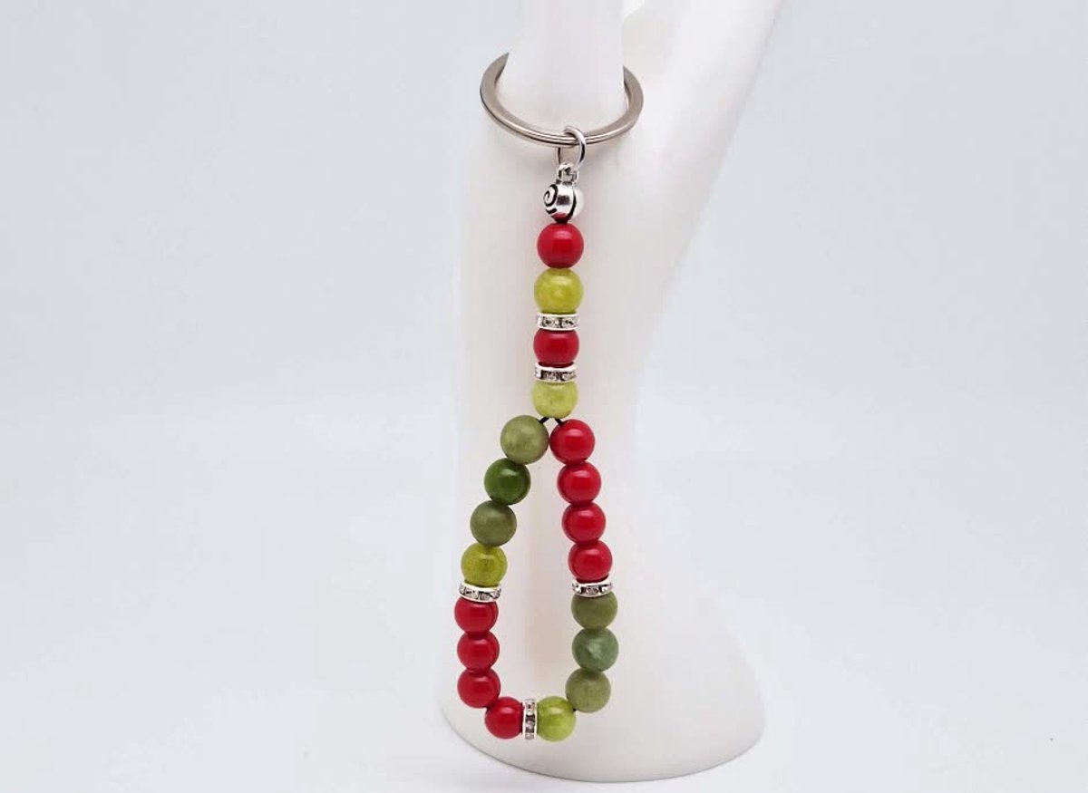 Handgemaakte Tasbih sleutelhanger van natuursteen "Bloedkoraal-Kraal Koreaanse Jade" en metaal - diameter kralen 8mm - Aantal stenen 20 - Een mooi cadeau-idee en een bijzonder aandenken