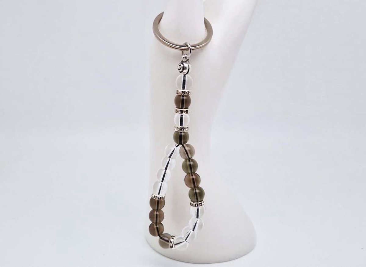 Handgemaakte Tasbih sleutelhanger van natuursteen "Bergkristal-Rookkwarts" en metaal - diameter kralen 8mm - Aantal stenen 20 - Een mooi cadeau-idee en een bijzonder aandenken