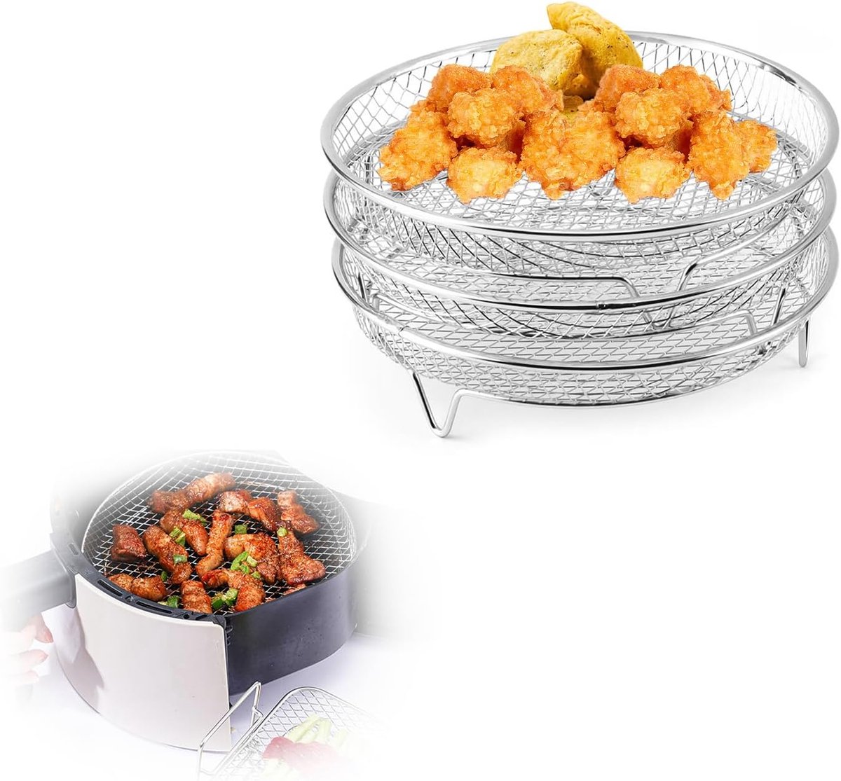 3 stuks ronde Airfryer Mand van roestvrij staal - Antiaanbaklaag voor eenvoudig schoonmaken - Rond grillrooster - Bakplaat - 20,5 * 20,5 * 8,5 cm - Geschikt voor Airfryers en ovens van 4,2-5,8 liter-zilver