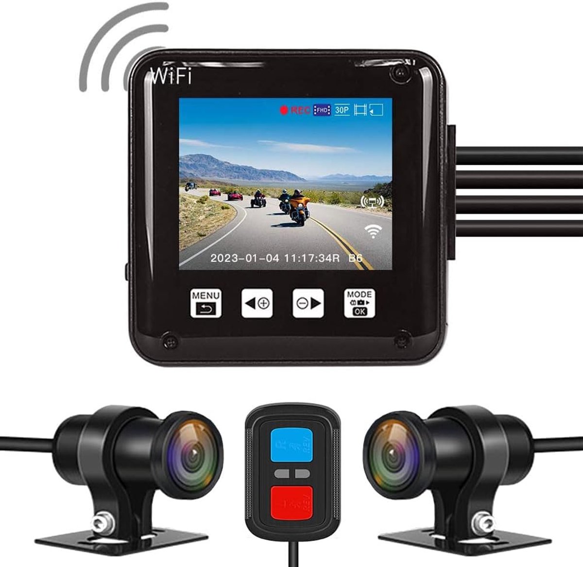 Motor Dashcam Set met Dual 1080P Voor- & Achtercamera – 150° Fisheye Groothoek – 2 Inch Display – WDR Nachtzicht – Waterdichte Motor DVR – G-Sensor – Loop Recording – Rijbewijsbescherming & Bewijsvastlegging