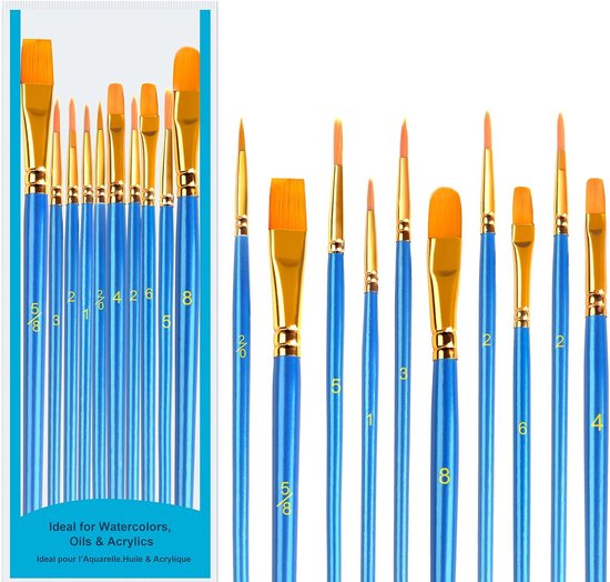 Borstelset, acrylverf, 3 stuks penselen voor acrylkwasten, platte kwasten, gereedschapsset, kunstenaarskwaliteit, platte borstels, nylon kwast, premium lazuurkwast voor olieverfschilderij en