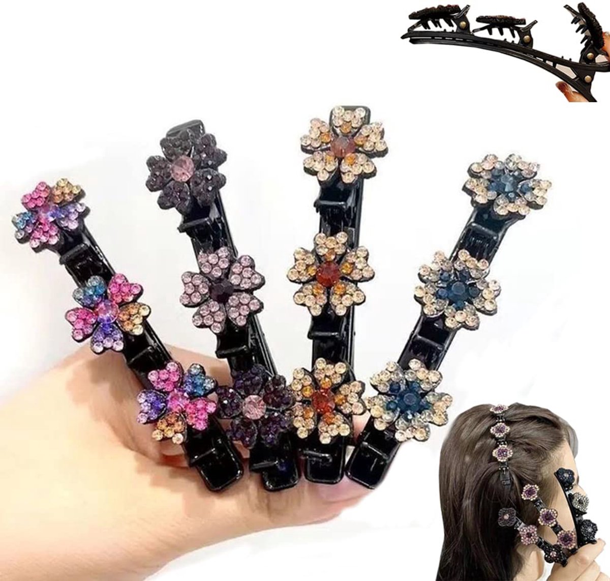 Gigicial Schitterende kristallen haarspeldjes - gevlochten haaraccessoires met strass - Drie kleine clips bevestigd aan één grote clip - 4 clips - Geschikt voor dagelijks gebruik + meerdere kleuren