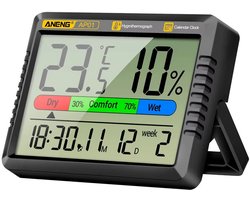 ANENG AP01 | Thermo Hygrometer | Digitale Thermometer Hygrometer | Temperatuur en Vochtigheidsmeter | Binnen Klimaatmeter | LCD Klok met Alarm | Digitale Weerstation | Luchtvochtigheid Meter | Temperatuurmeter Binnen | AP01 | ZWART