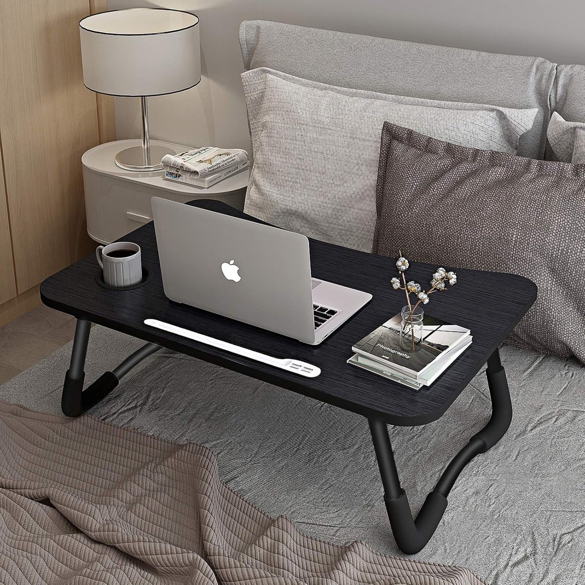 Famanu - Inklapbare laptoptafel – met 4 USB-poorten, lade, beker- & tablethouder – zwart