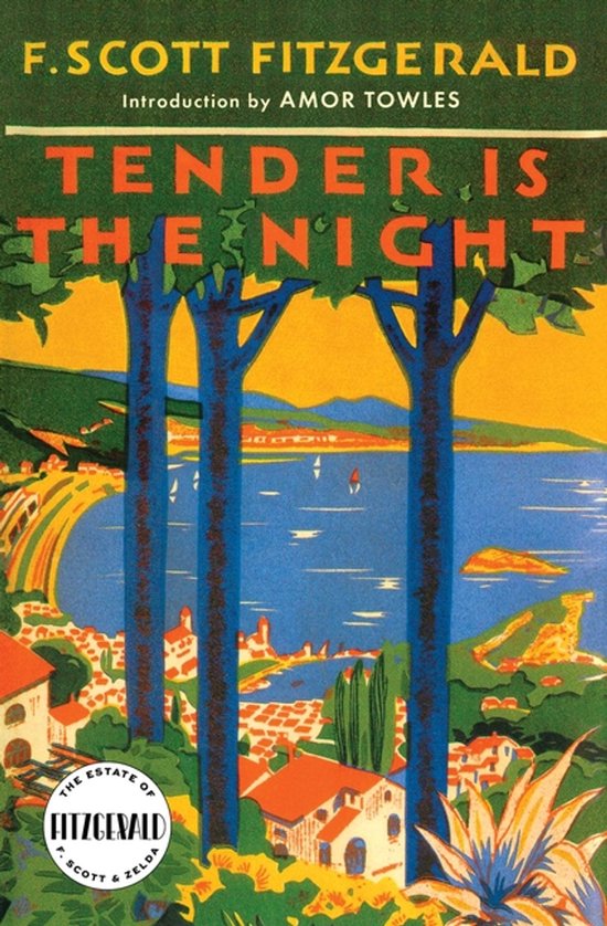 Couverture du livre illustrant "Tender Is the Night" : arbres bleus, ville côtière, mer et ciel orange.