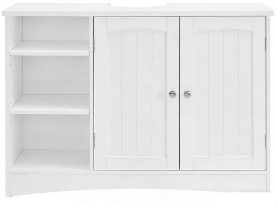 Wit badmeubel met twee deuren en drie open vakken aan de linkerzijde.
