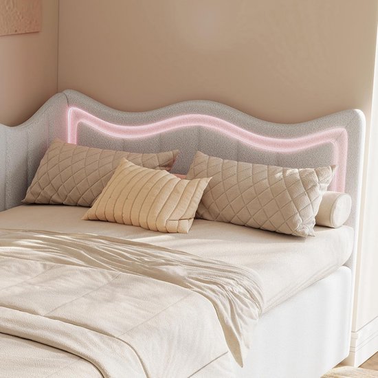 Gewatteerd opbergbed 90 x 200 cm in katoenen stof - met oplaadfunctie en LED aan het voeteneinde