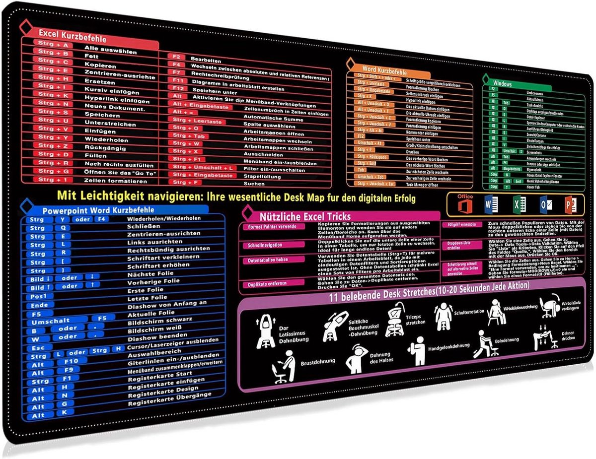 XL Bureauonderlegger Muismat met Alle Toetsencombinaties (Duits) - 80x30cm XL Werkmat voor Excel, Word, PPT & Windows