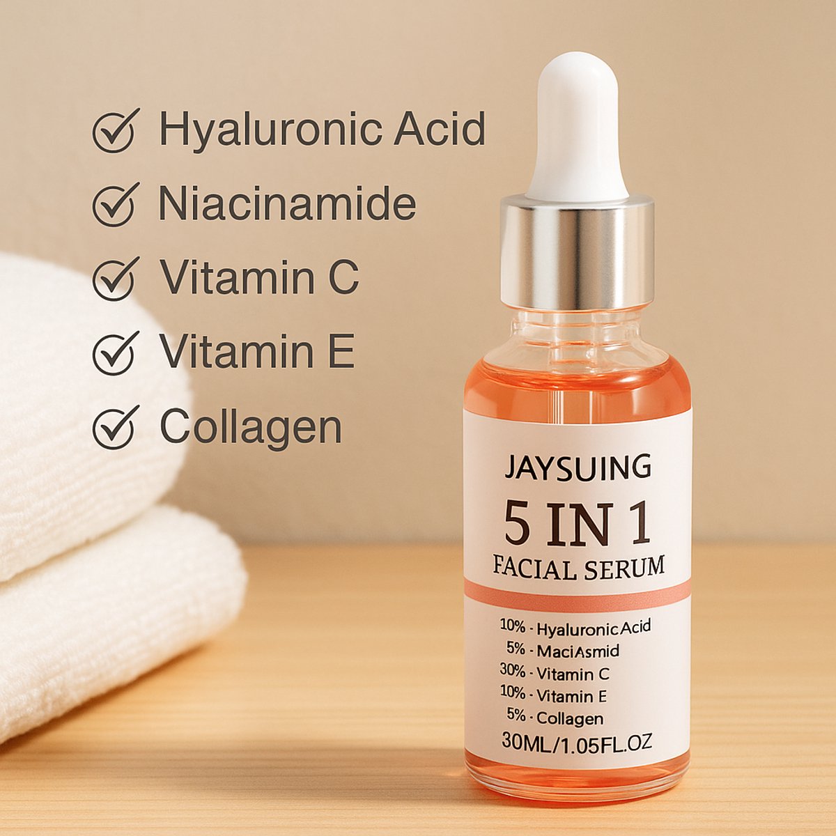 CL CHLIN® 5-in-1 Gezichtsserum – Hyaluronzuur, Vitamine C, Niacinamide, Collageen & Vitamine E – Anti-Aging Serum voor Hydratatie, Glow & Fijne Lijntjes – 30ml