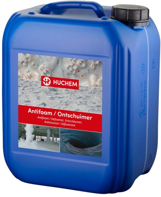 Blauwe jerrycan met Huchen Antifoam / Ontschuimer label, met tekst en afbeeldingen van schuim.
