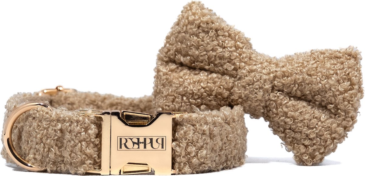 POSHPUP® - Teddy Hondenhalsband met Strik - Hazel Bruin - Maat S - Roestbestendige metalen kliksluiting - Voor Kleine en Grote Honden