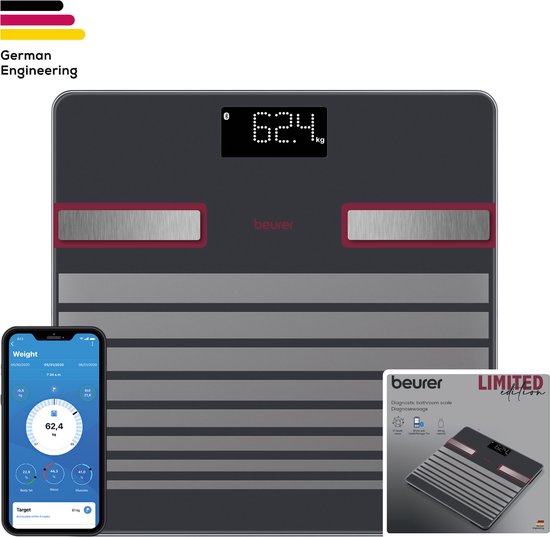 Beurer BF 451 Limited Edition 25 Personenweegschaal - Digitaal - Lichaamsanalyse – Bluetooth® - 17 Meetwaarden – BMI, Lichaamsvet & Spiermassa – App-koppeling – Lijnen design - Veiligheidsglas - 8 Gebruikers – 180 kg – 5 Jaar garantie - Bordeaux