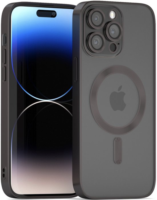 Coque MagSafe noire et transparente pour iPhone 14 Pro avec anneau MagSafe circulaire et découpe caméra.