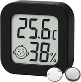 Zwarte digitale thermometer en hygrometer met een display dat 25.6°C en 38% vochtigheid aangeeft, met een lachend gezichtje. Inclusief plakstrip en batterij.
