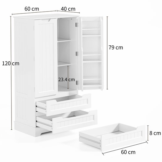 Bealife AP28 Keukenkasten Opbergkast - Vrijstaande Keuken Opbergkast met 2 Laden en 2 Deuren -60x40x120cm - Witte Keukenkasten