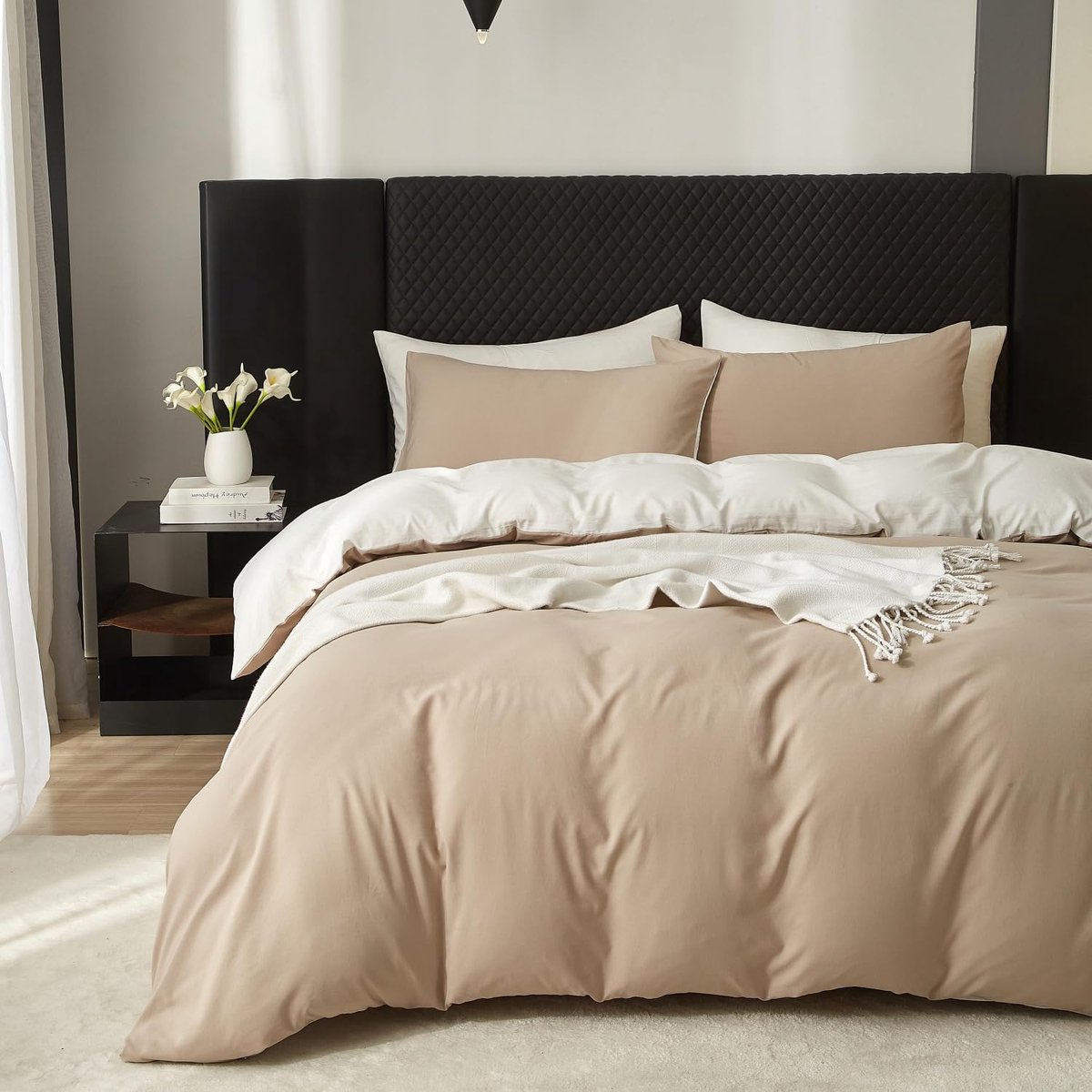 Unyqoos Luxe en omkeerbare katoenen dekbedovertrekset voor tweepersoonsbed beige wit