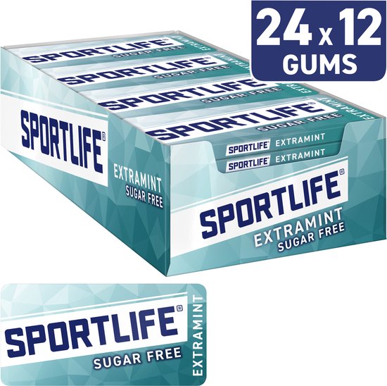 Doos met 24 pakjes Sportlife Extramint suikervrije kauwgom.
