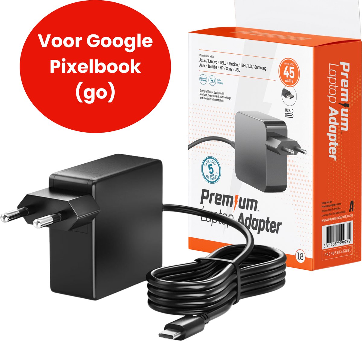 45W USB-C Laptop oplader voor Google Pixelbook en Pixelbook Go – Alle modellen vanaf 2017 – Kabel + Adapter