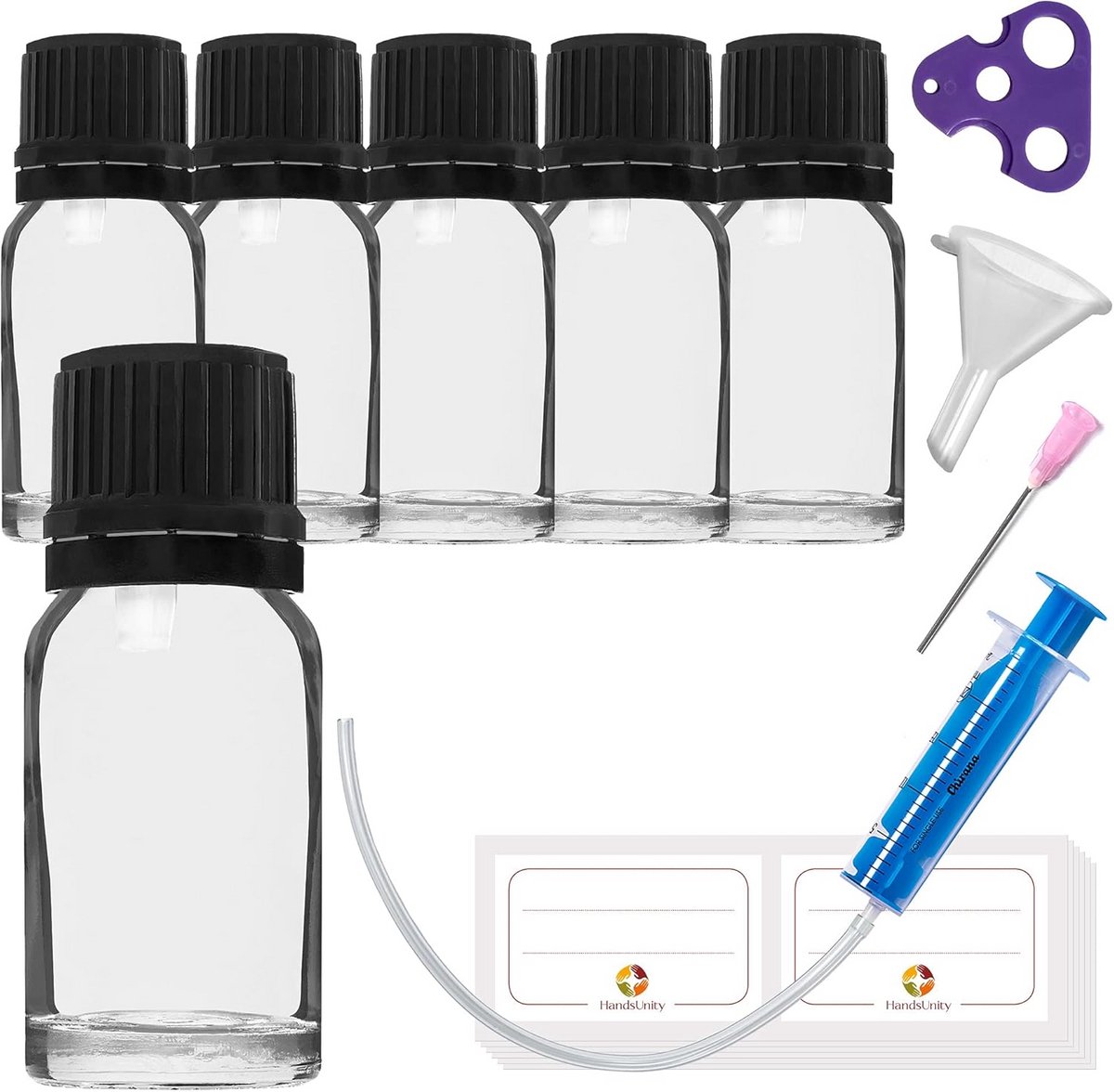 Set van 6 Kleine Glazen Druppelflesjes van 10ml met Pipetdoppen en Accessoires