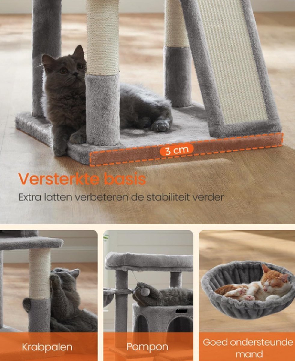 Krabpaal – Kattenhuis & Kattenmand – Kattenboom 96 cm Hoog – Grijs – Duurzaam & Stabiel - 48 x 48 cm – foto 6