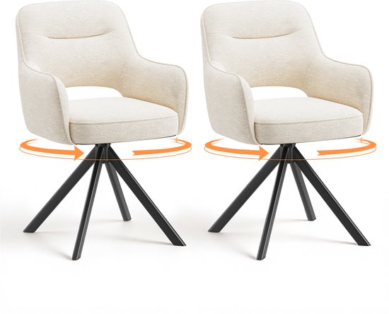 Set van twee beige stoffen stoelen met armleuningen op een zwarte, driepotige draaibasis.