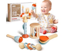 Namajunas - 5-delige Montessori speelgoedset - Geschikt voor baby's van 3, 6 en 9 maanden - Baby muzikaal speelgoed - Sensorische trainingsspeelgoed - Houten speelgoed voor baby's vanaf 1 jaar - Baby leerspeelgoed