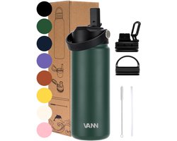 VANN® 3-Wandige RVS Waterfles 500 ML met rietje voor volwassenen – Met 5 accessoires – bidon – 24 uur koud/12 uur warm – Dark Forest – VANN Ultimate Bottle®