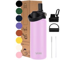 VANN® 3-Wandige RVS Waterfles 500 ML met rietje voor volwassenen – Met 5 accessoires – bidon – 24 uur koud/12 uur warm – Pink– VANN Ultimate Bottle®