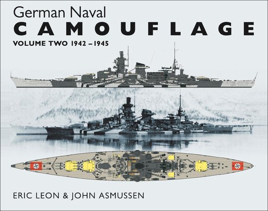 Boek "German Naval CAMOUFLAGE VOLUME TWO 1942-1945" met een illustratie van Duitse slagschepen in camouflagekleuren en een bovenaanzicht van een schip.